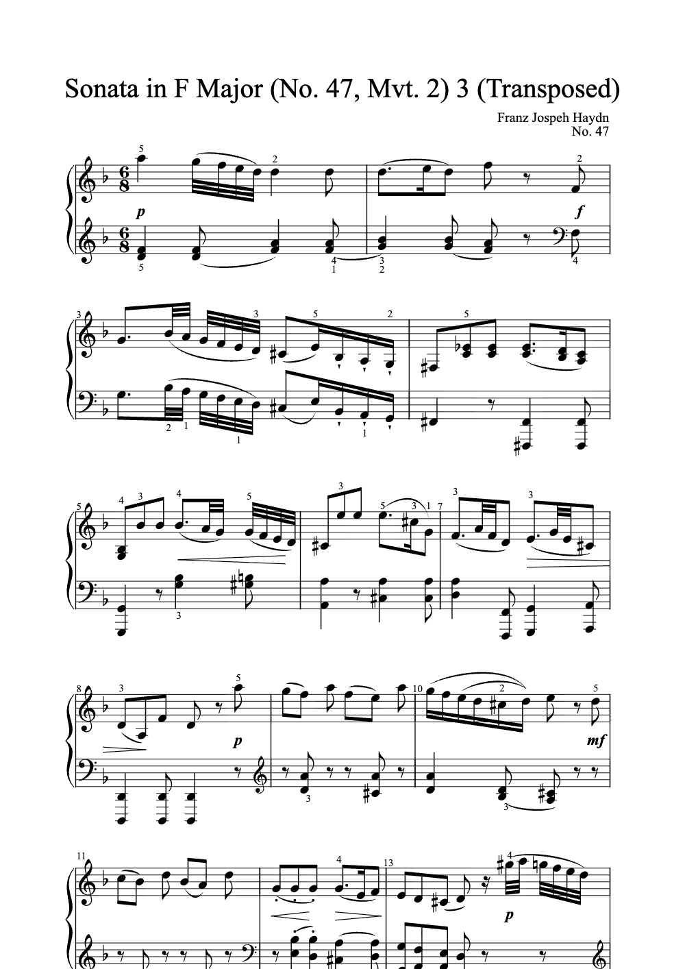 Sheet music preview for Sonata in F Major (No. 47, Mvt. 2)
