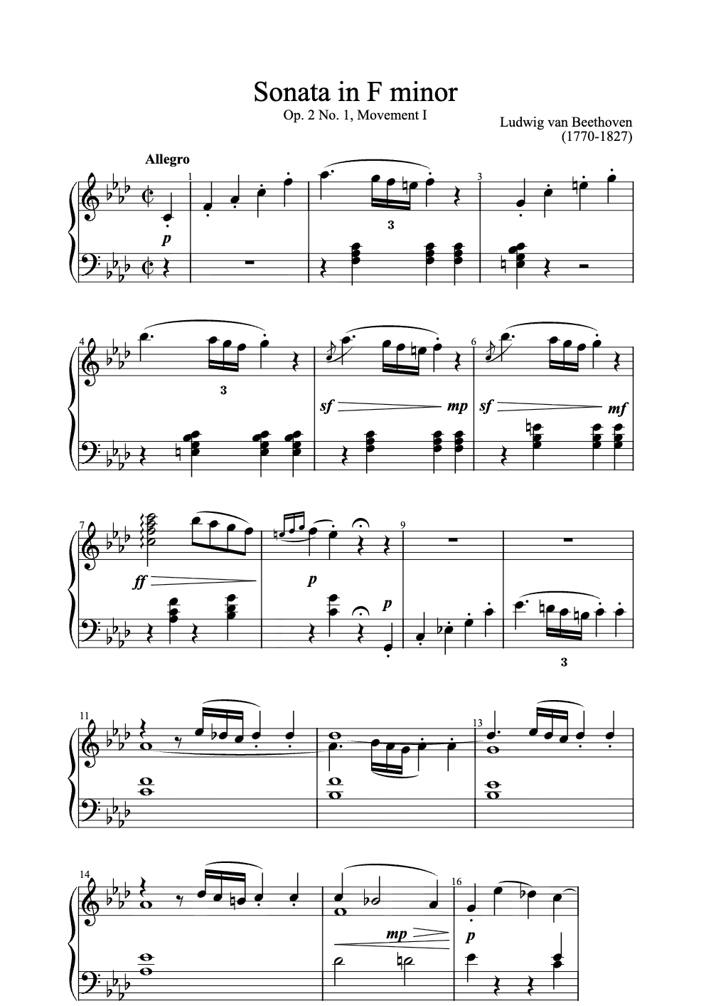 Sheet music preview for Sonata in F Minor