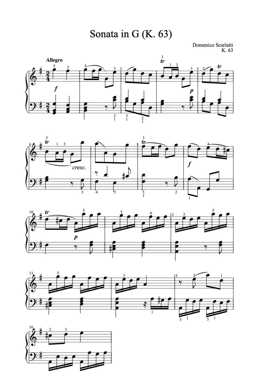 Sheet music preview for Sonata in G (K. 63)