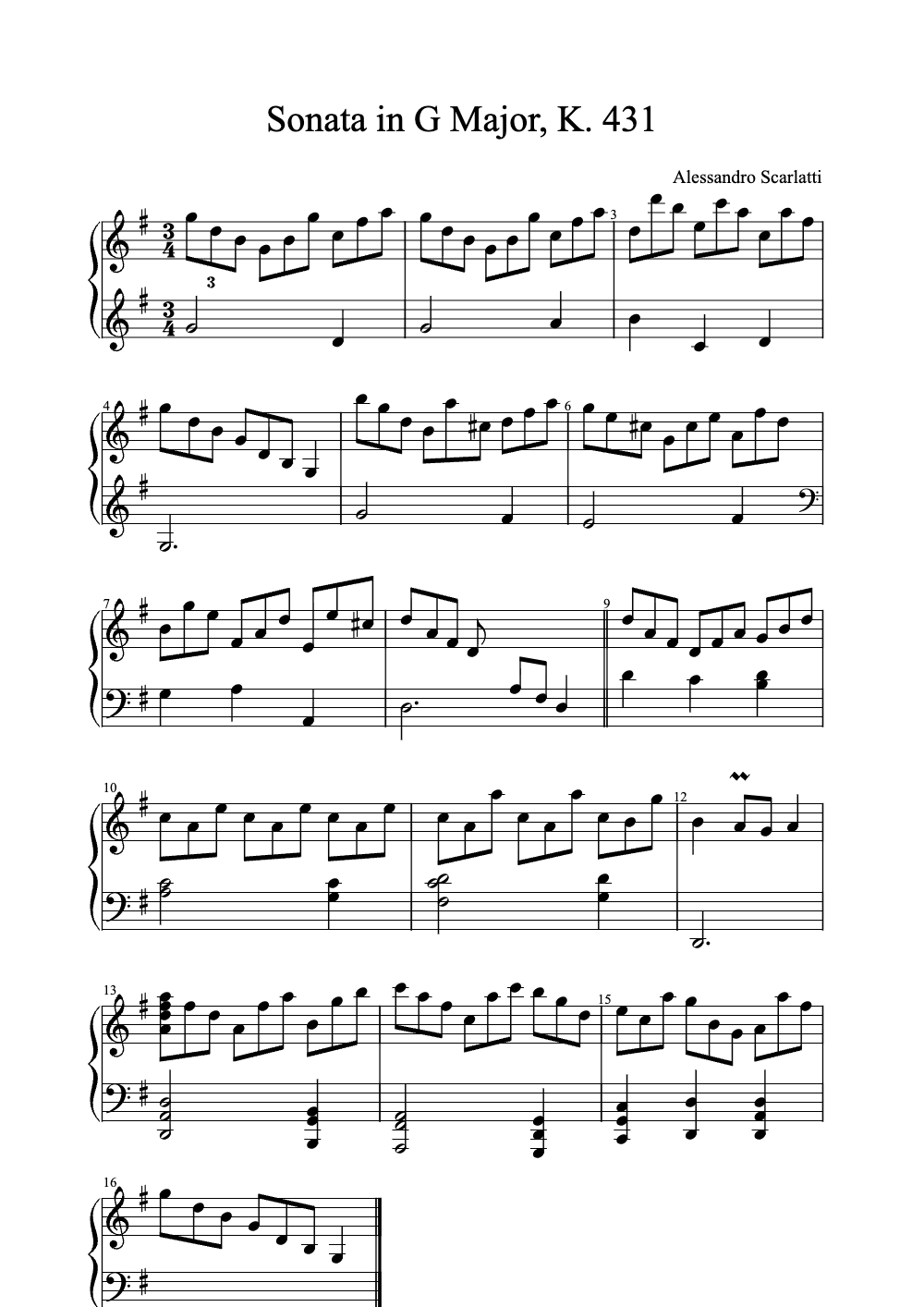 Sheet music preview for Sonata in G Major, K. 431