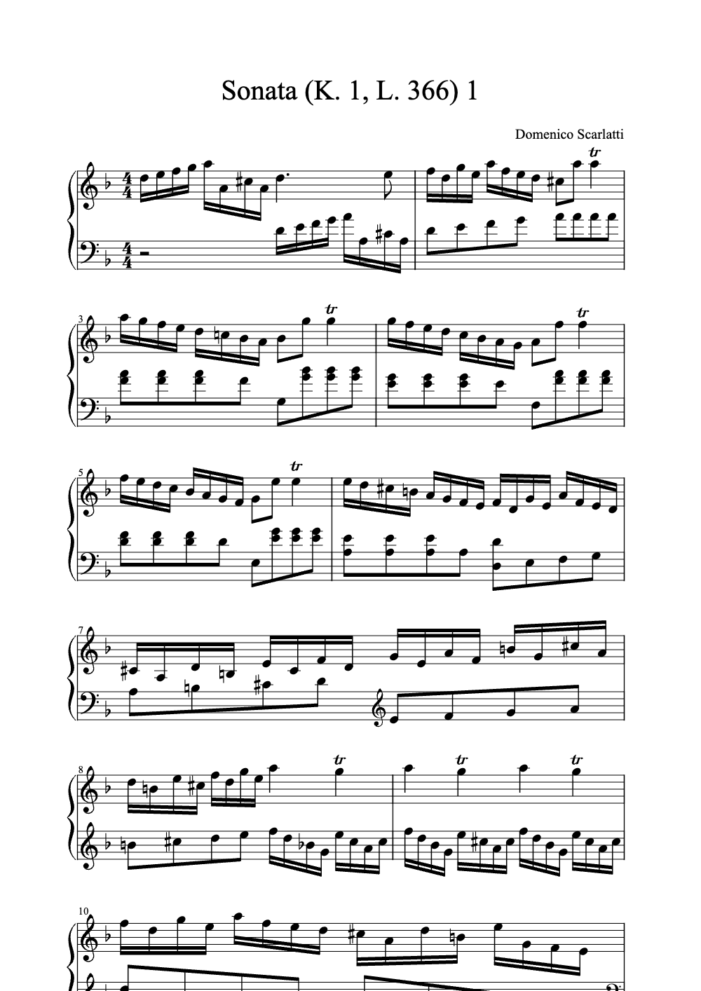 Sheet music preview for Sonata in D Minor, K. 1