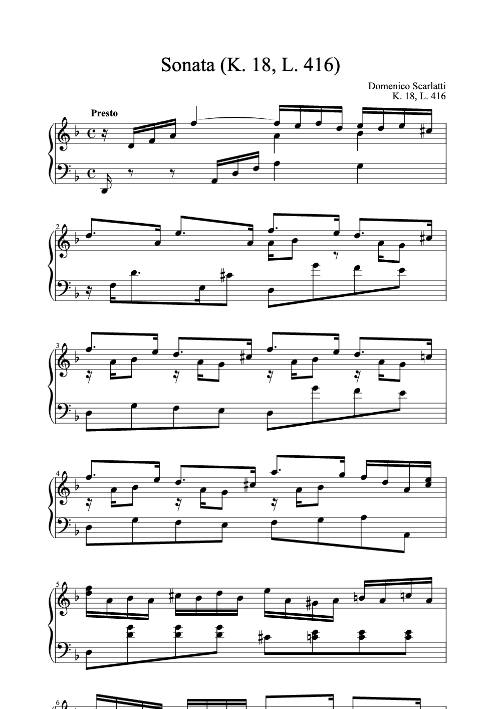 Sheet music preview for Sonata (K. 18, L. 416)
