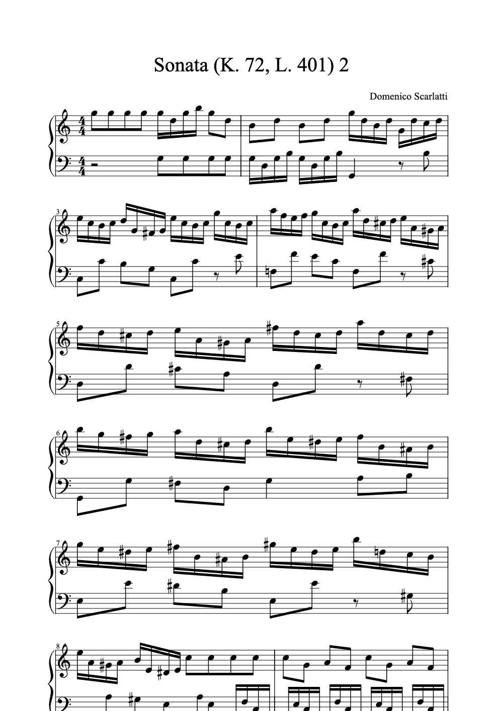Sheet music preview for Sonata in D Major, K. 72