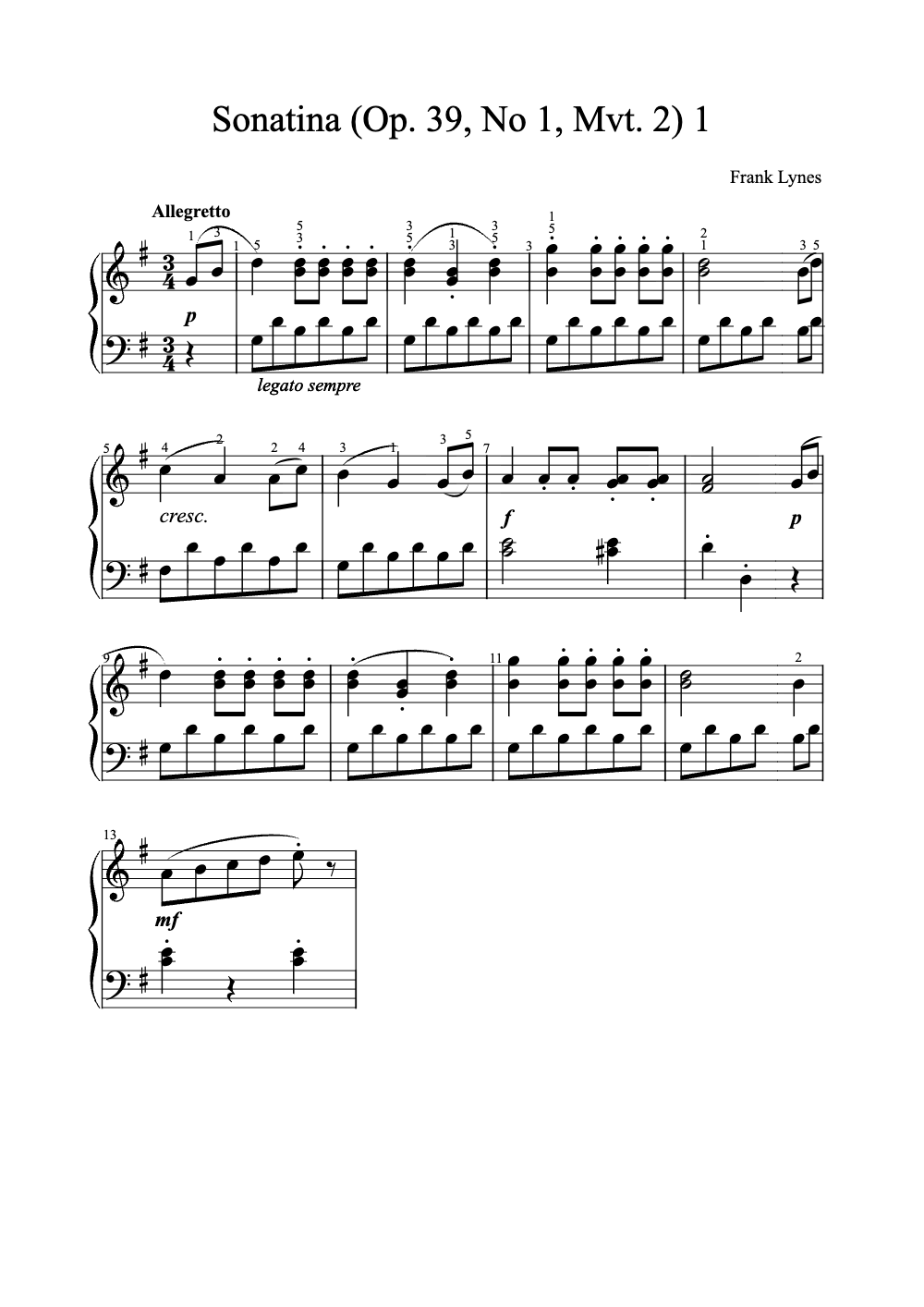 Sheet music preview for Sonatina (Op. 39, No. 1, Mvt. 2)
