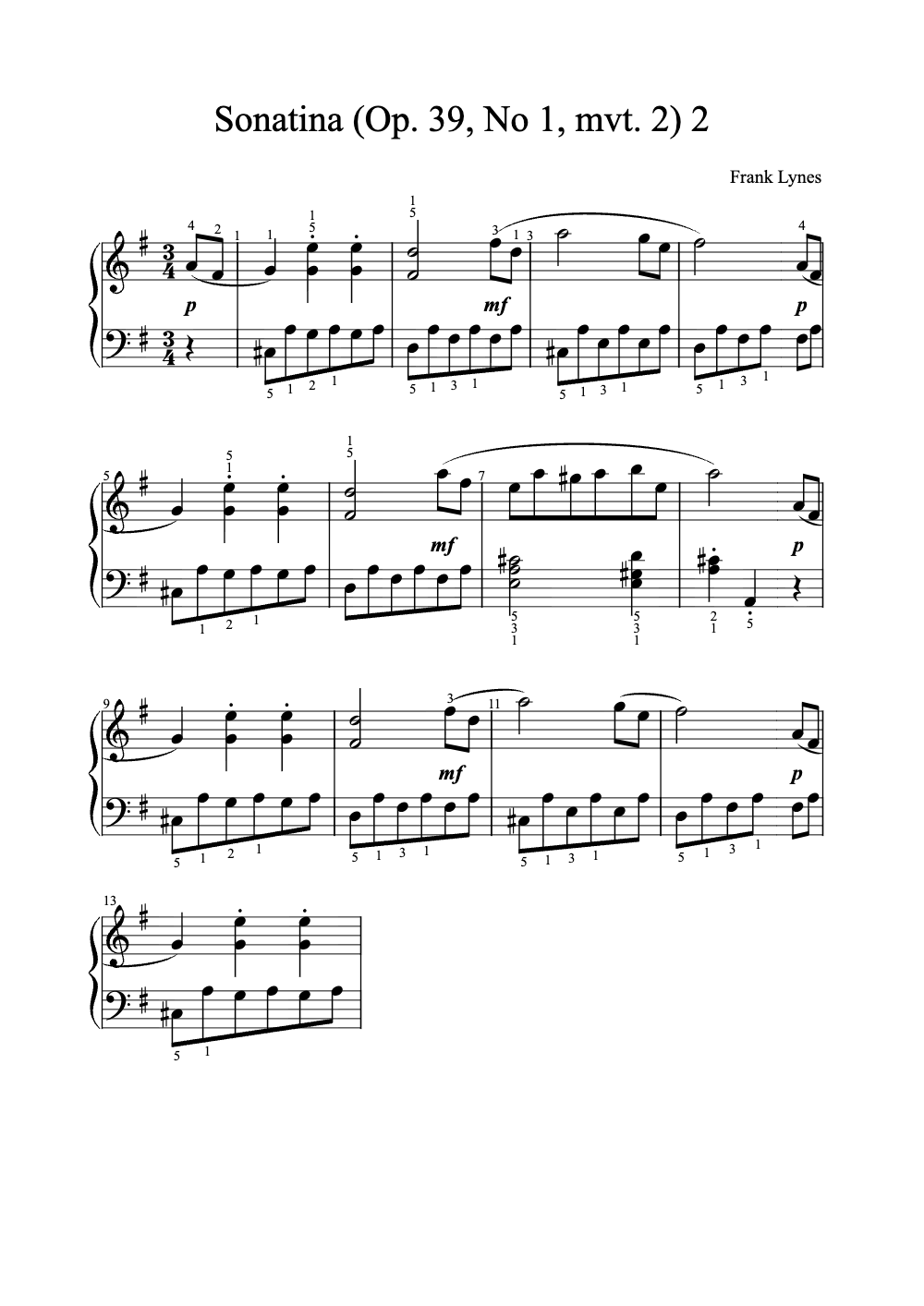 Sheet music preview for Sonatina (Op. 39, No. 1, Mvt. 2)