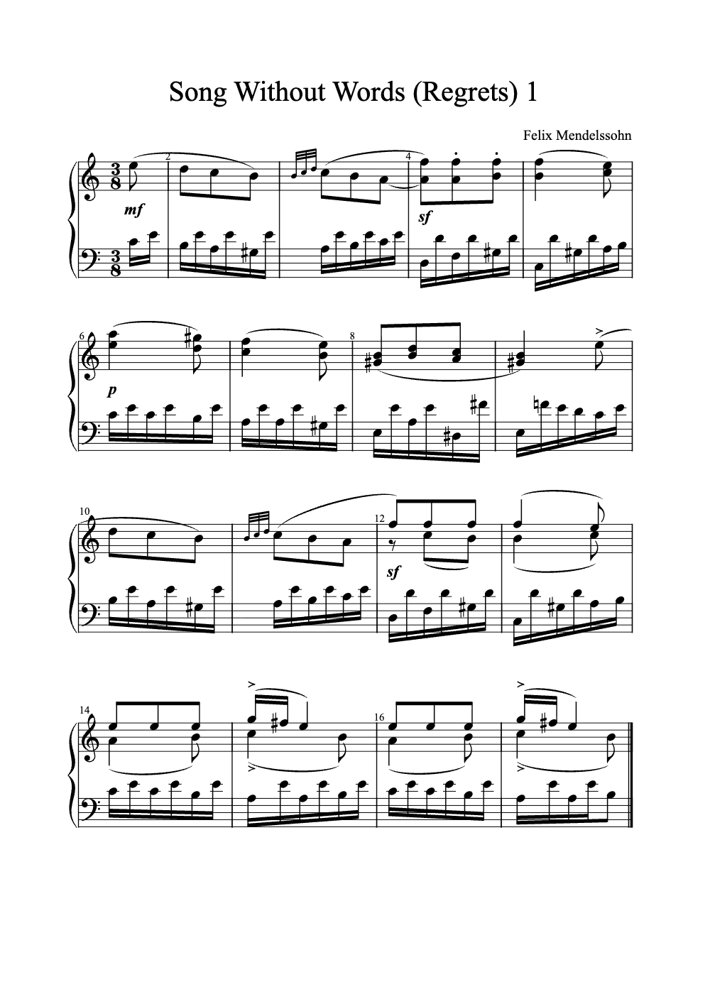 Sheet music preview for Song Without Words (Regrets) No. 1