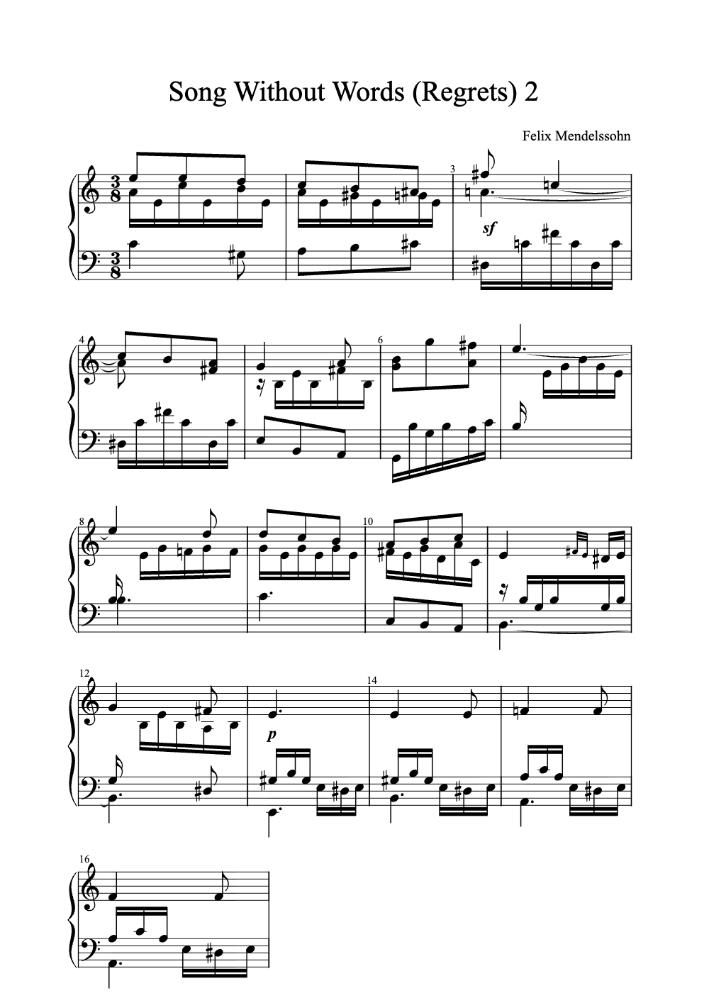 Sheet music preview for Song Without Words (Regrets) No. 2