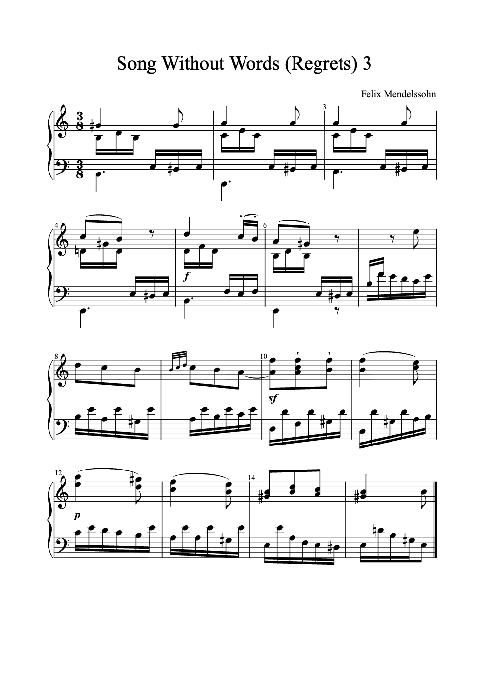 Sheet music preview for Song Without Words (Regrets)
