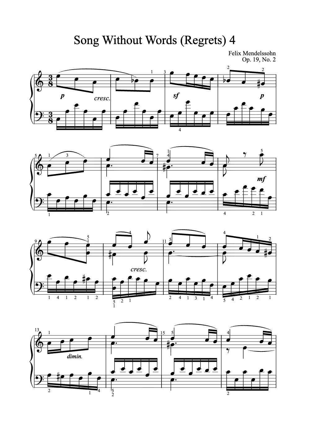 Sheet music preview for Song Without Words (Regrets) No. 4