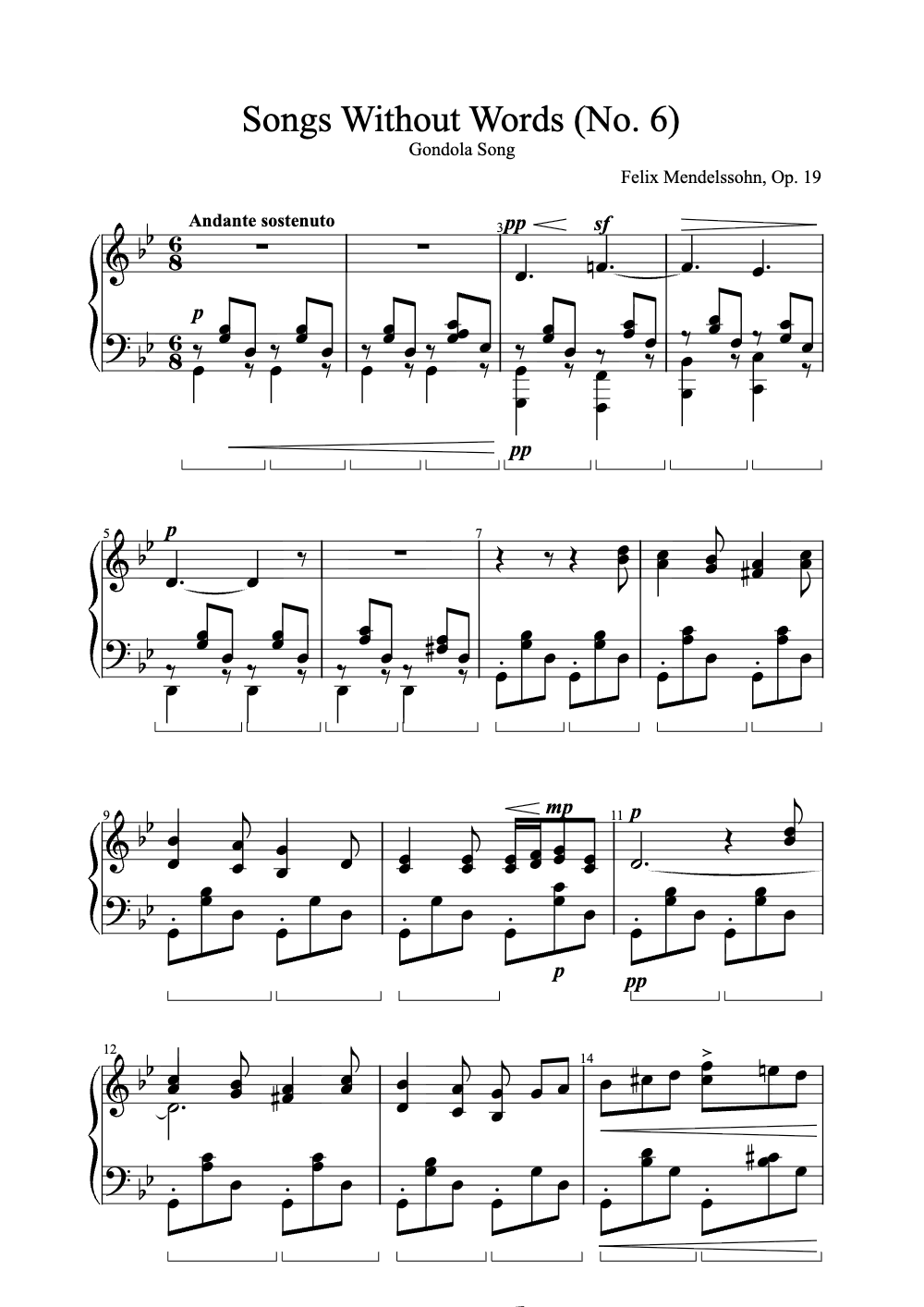 Sheet music preview for Songs Without Words (No. 6)
