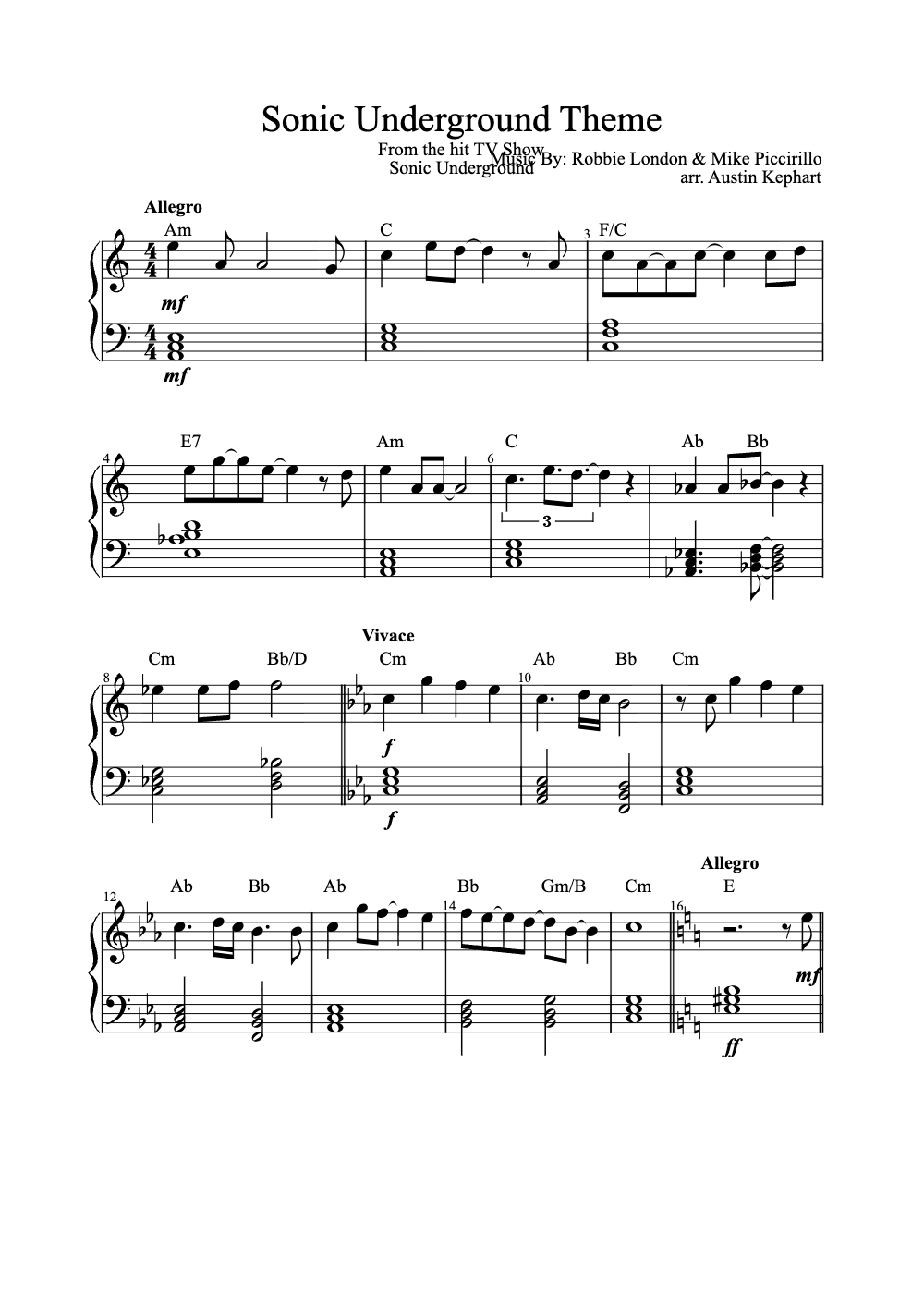 Sheet music preview for Sonic Underground Theme