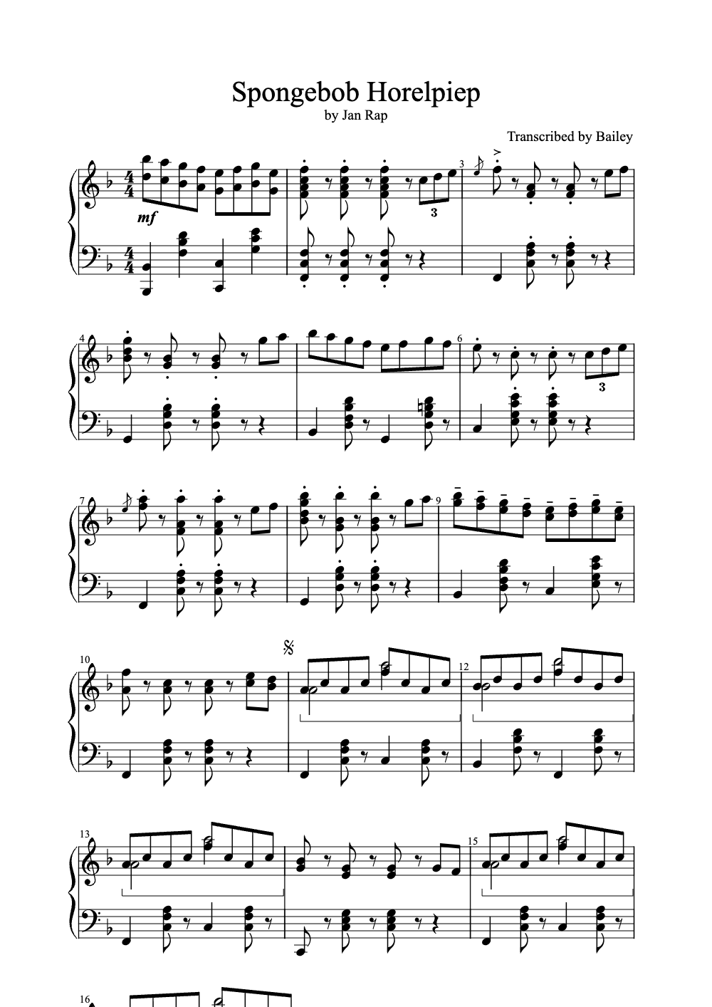 Sheet music preview for Spongebob Horelpiep