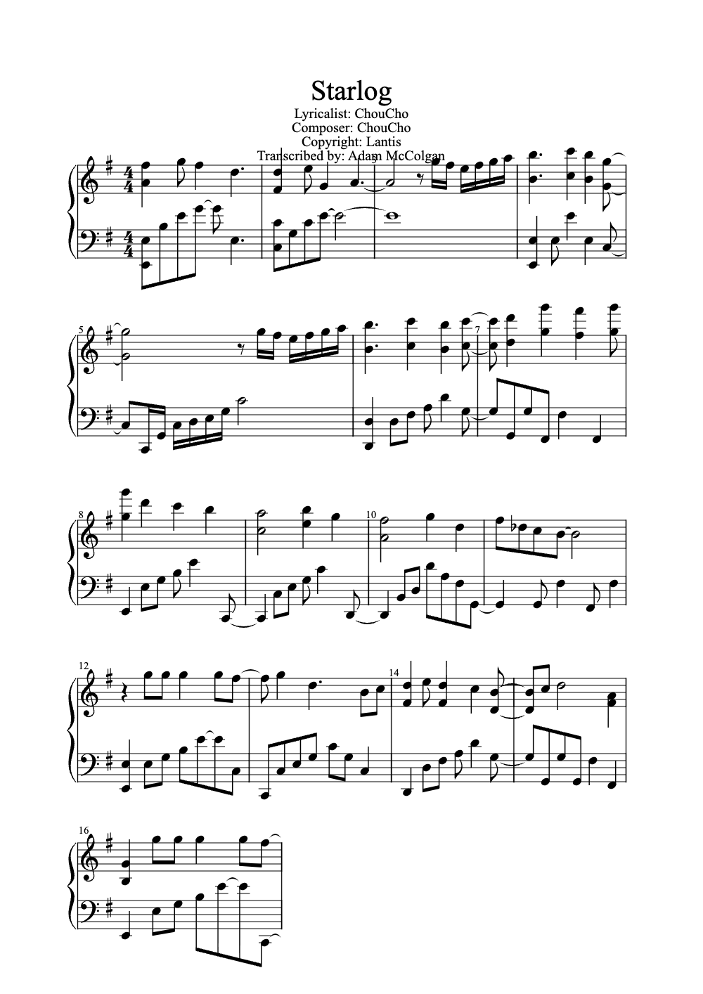 Sheet music preview for Starlog