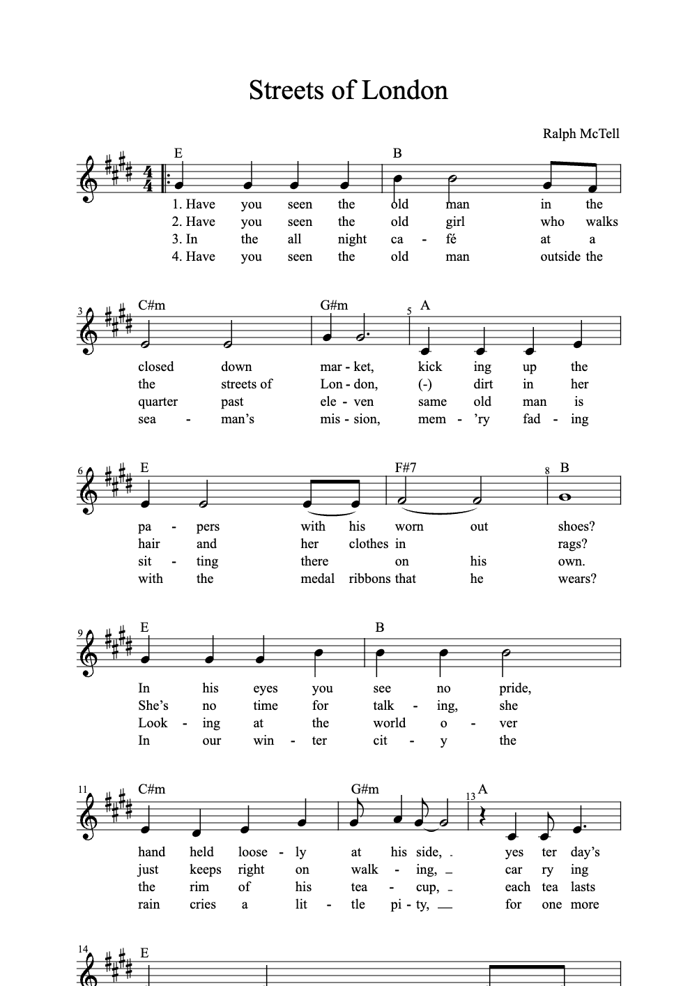 Sheet music preview for Streets of London