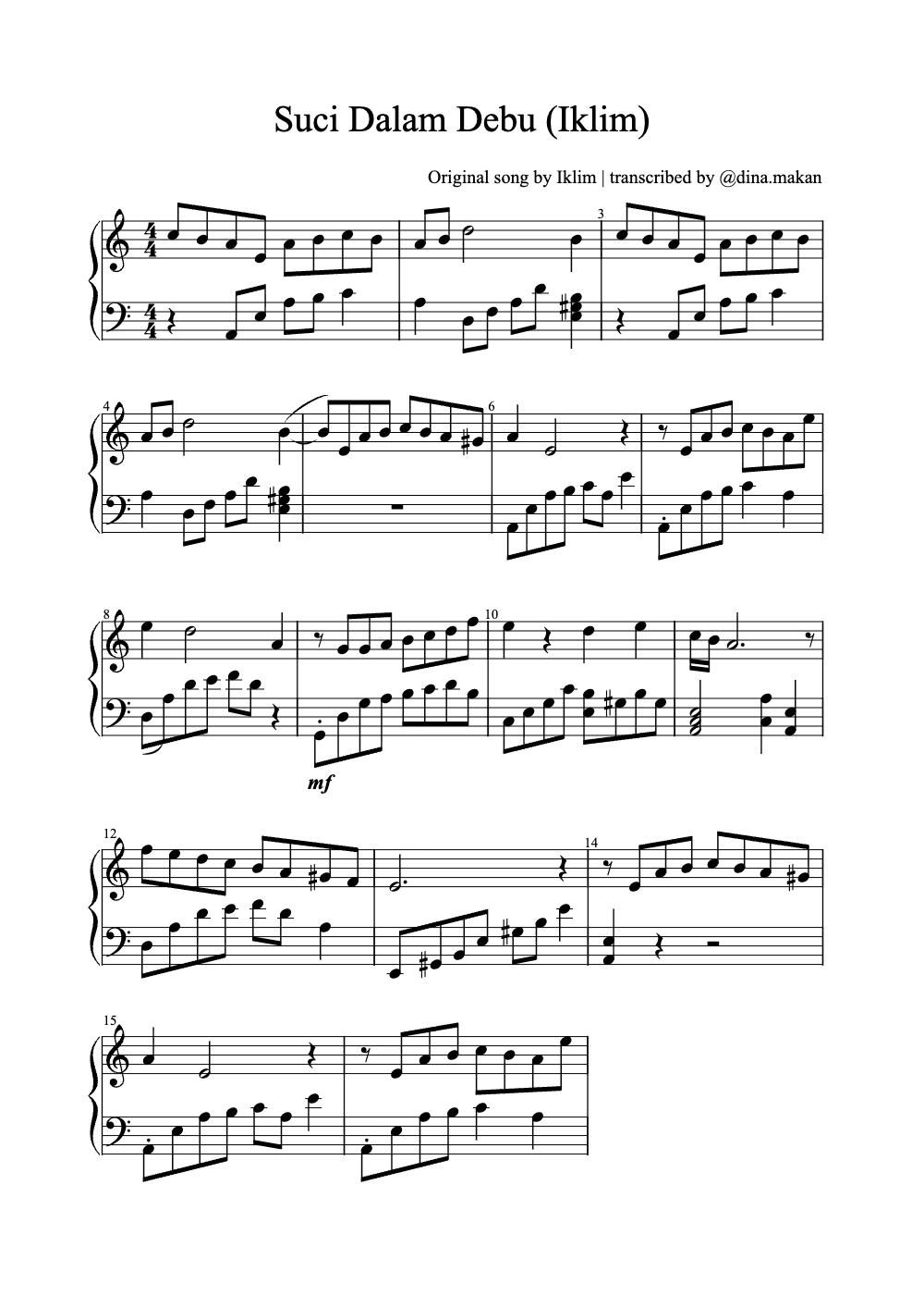 Sheet music preview for Suci Dalam Debu