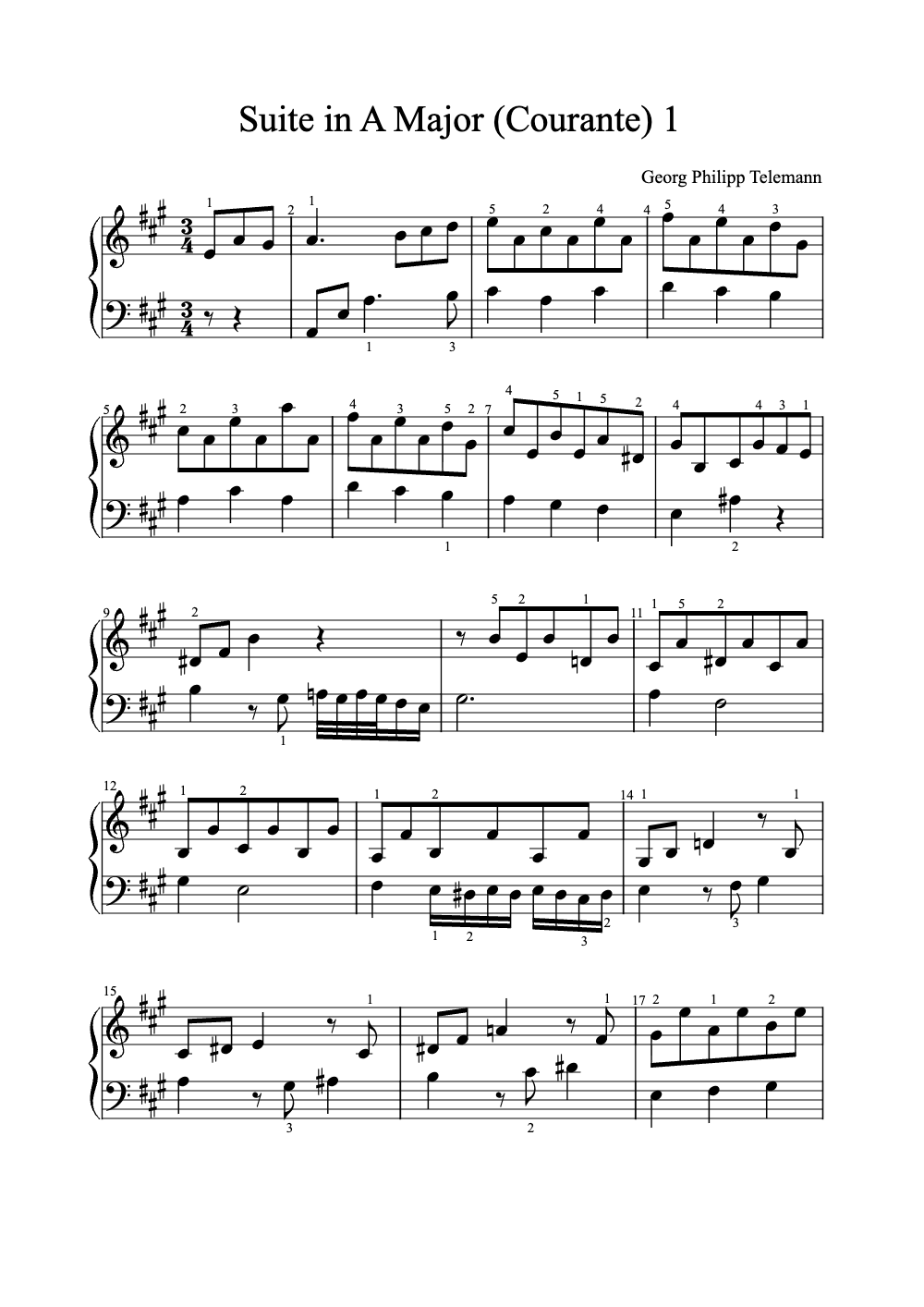 Sheet music preview for Suite in A Major (Courante)