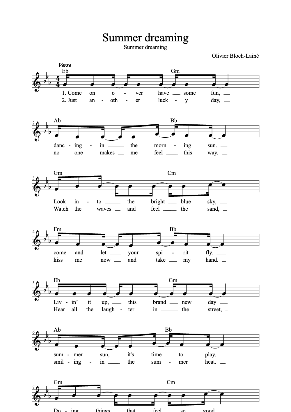 Sheet music preview for Summer Dreaming