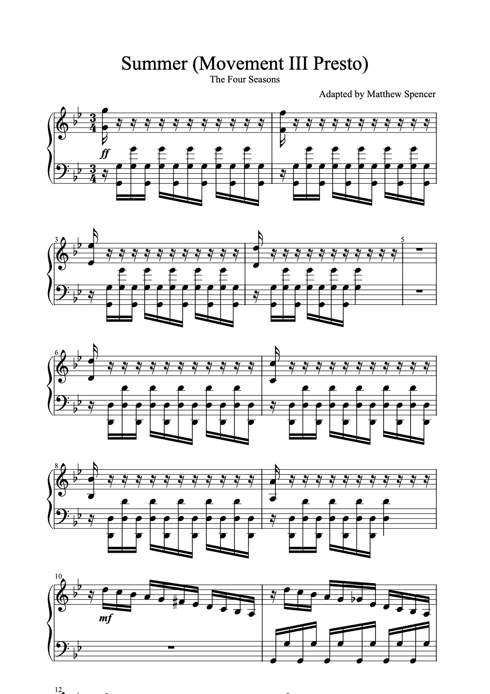 Sheet music preview for Summer (Movement III Presto)
