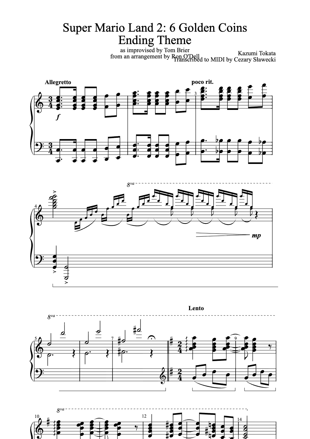 Sheet music preview for Super Mario Land 2: 6 Golden Coins Ending Theme
