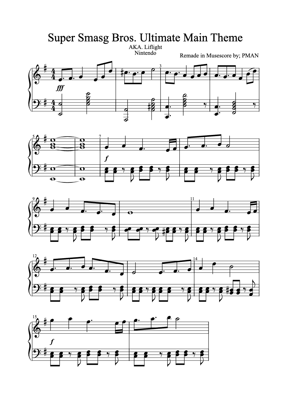 Sheet music preview for Super Smash Bros. Ultimate Main Theme