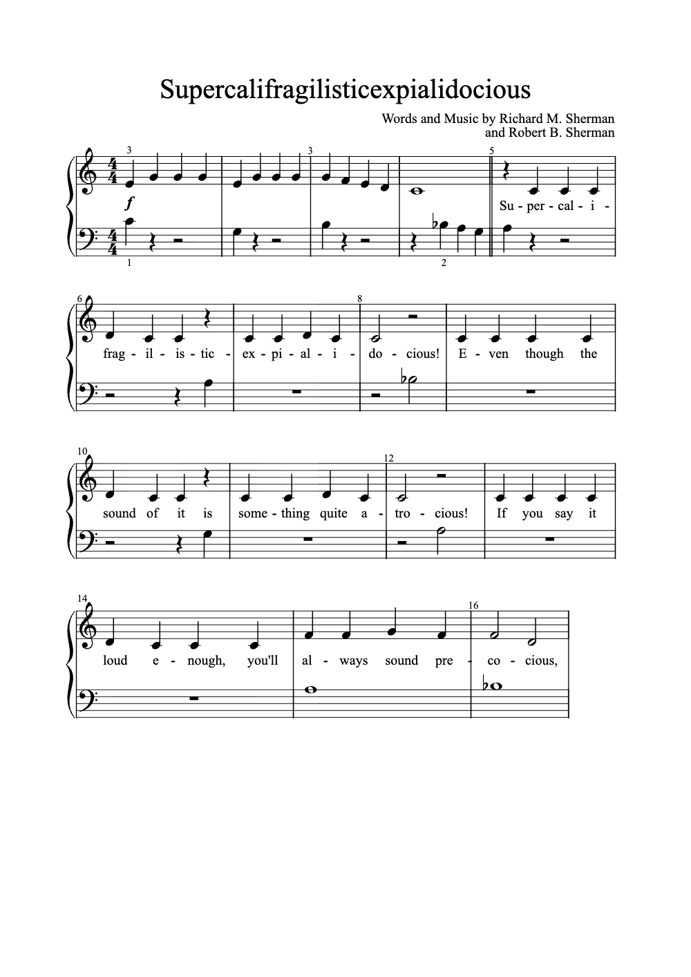 Sheet music preview for Supercalifragilisticexpialidocious