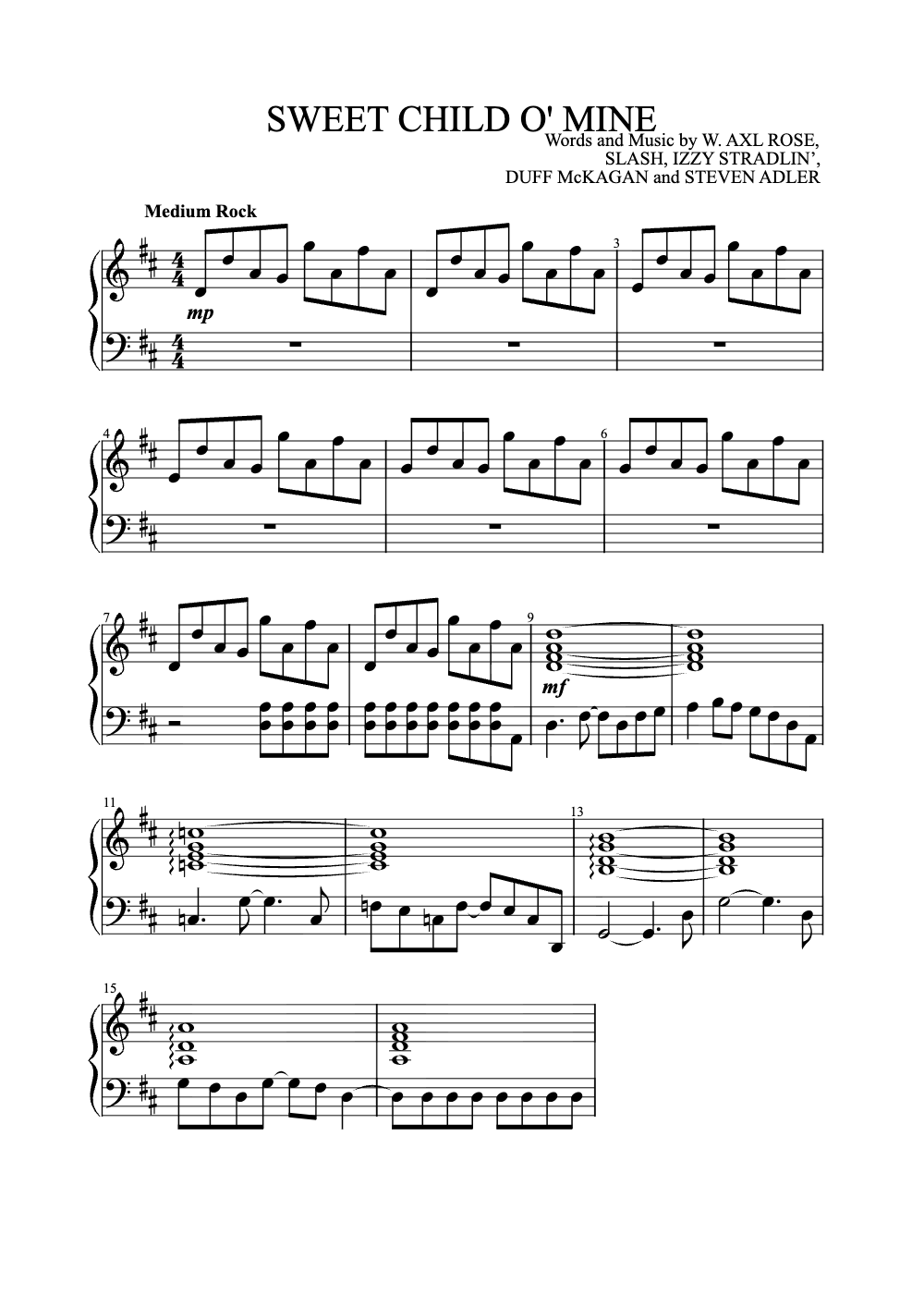 Sheet music preview for Sweet Child O' Mine