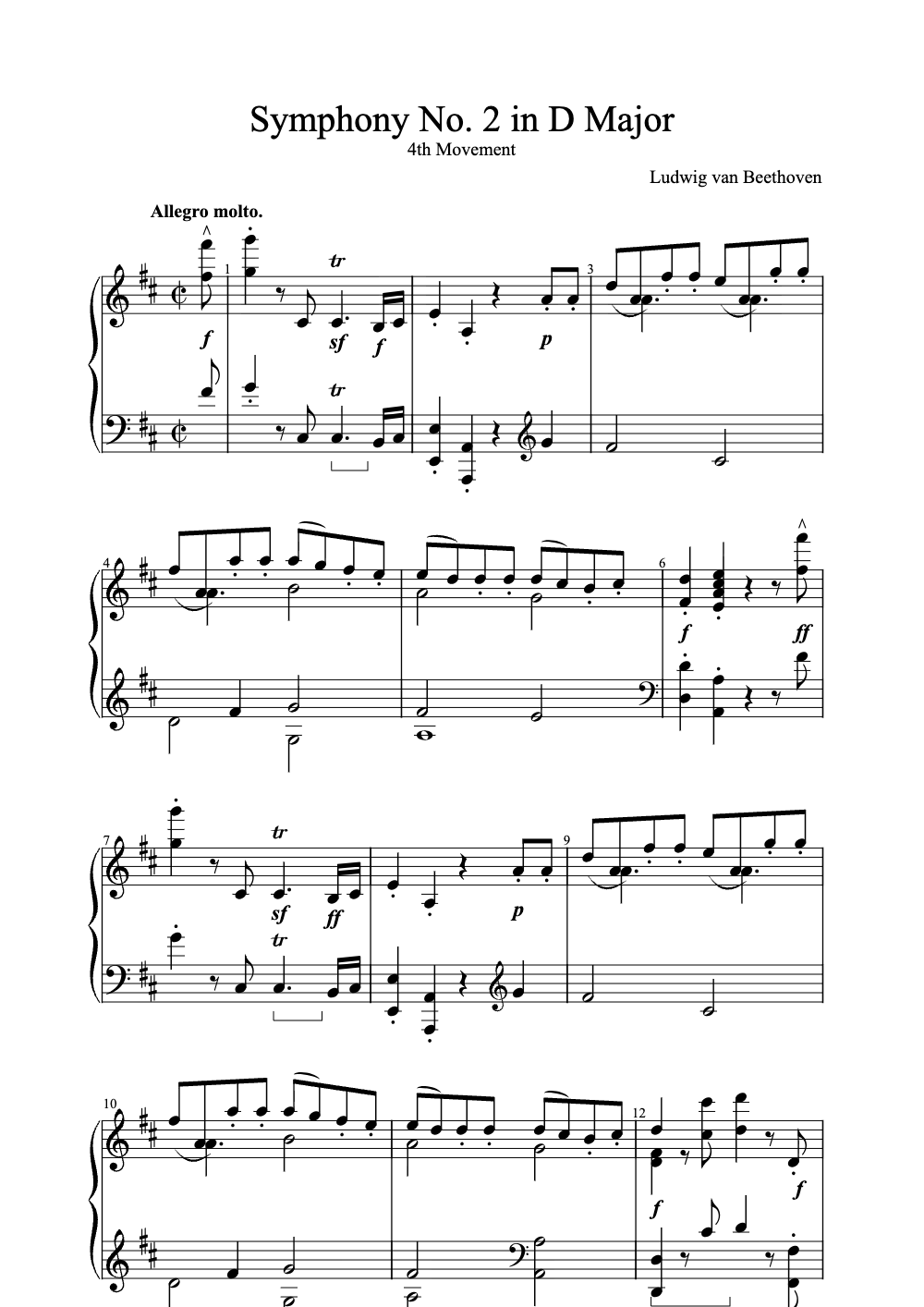 Sheet music preview for Symphony No. 2 in D Major