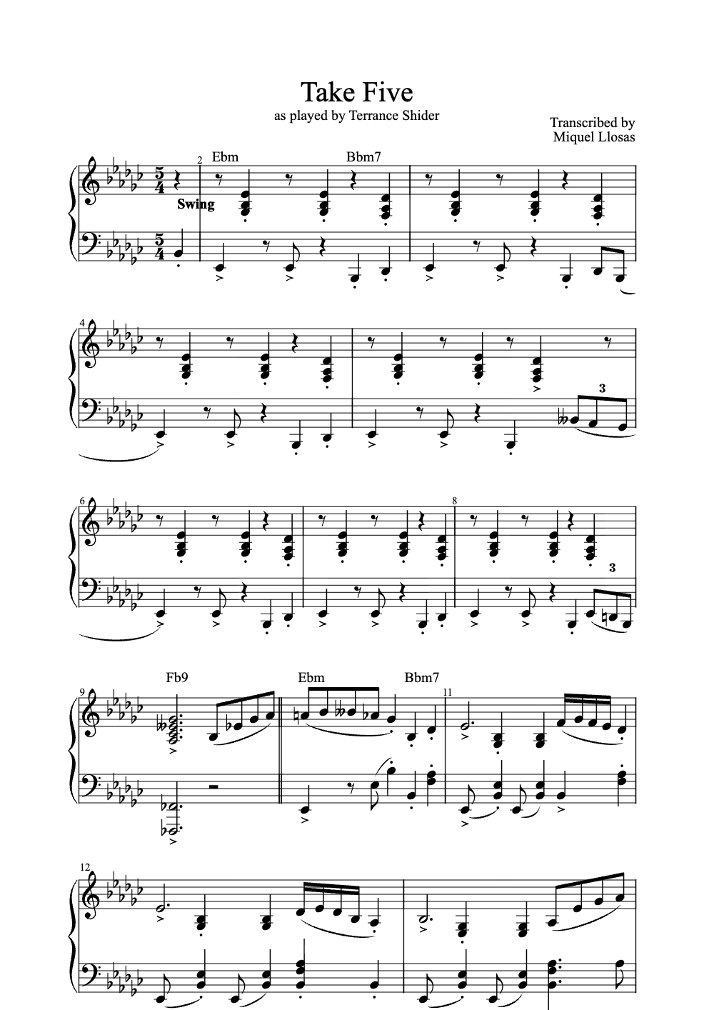 Sheet music preview for Take Five