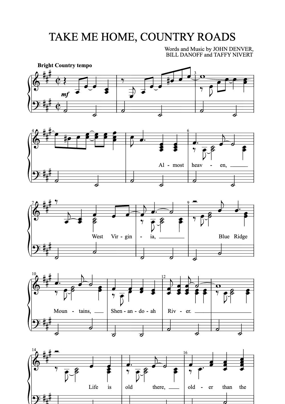 Sheet music preview for Take Me Home, Country Roads