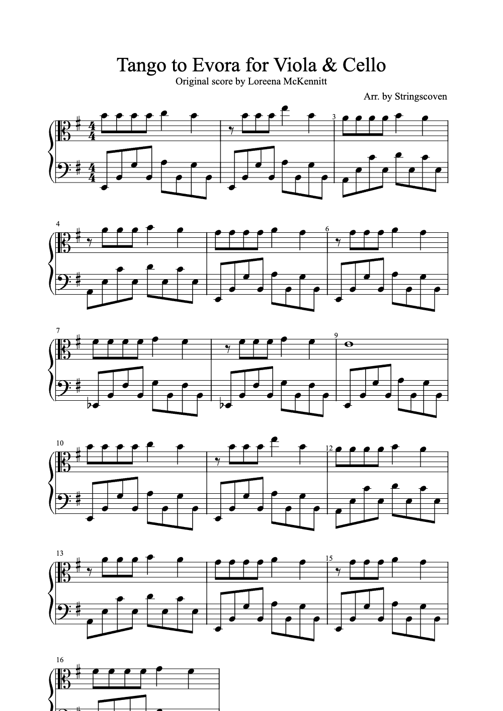 Sheet music preview for Tango to Evora for Viola & Cello