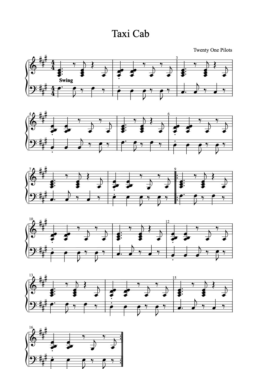 Sheet music preview for Taxi Cab