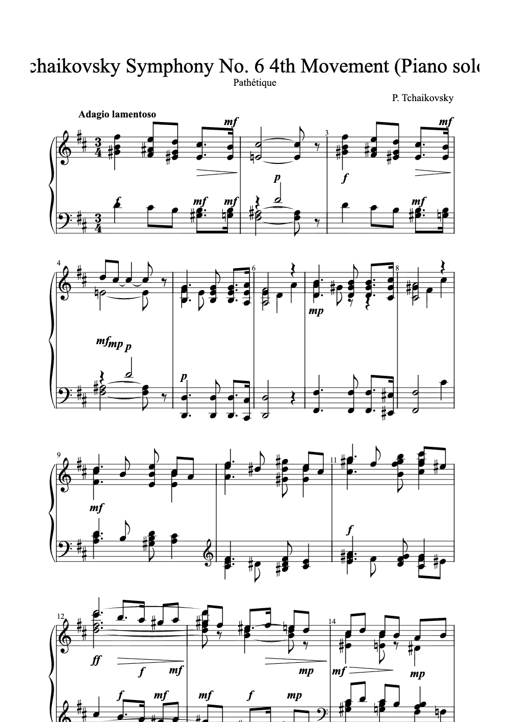 Sheet music preview for Symphony No. 6 in B minor, Op. 74