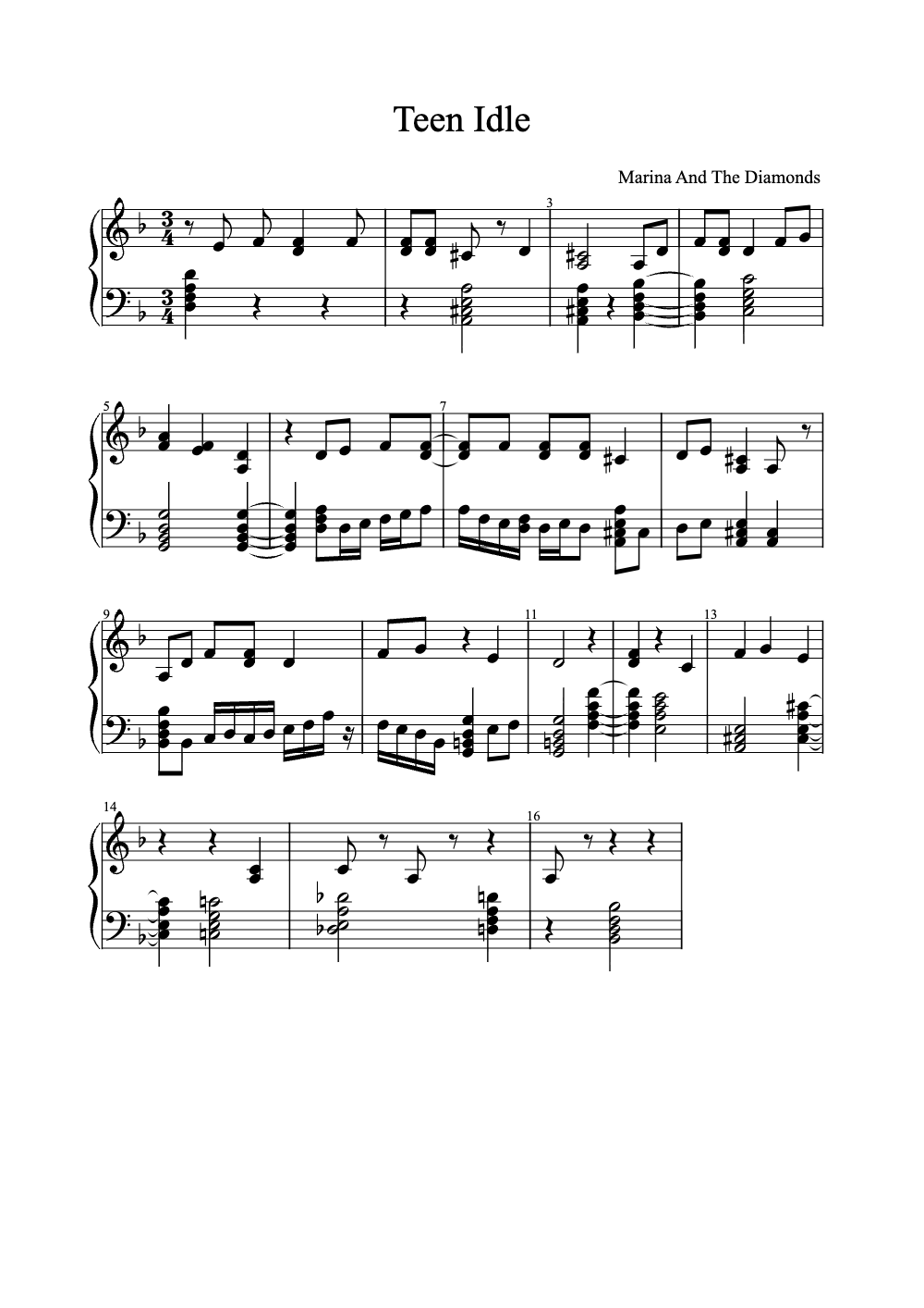 Sheet music preview for Teen Idle
