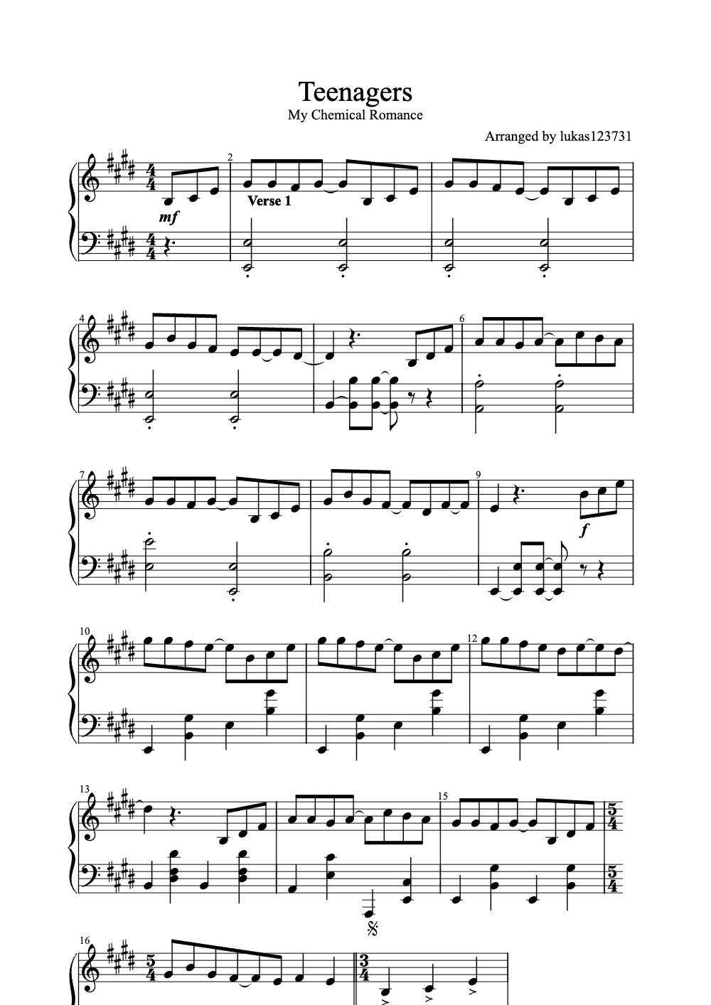 Sheet music preview for Teenagers