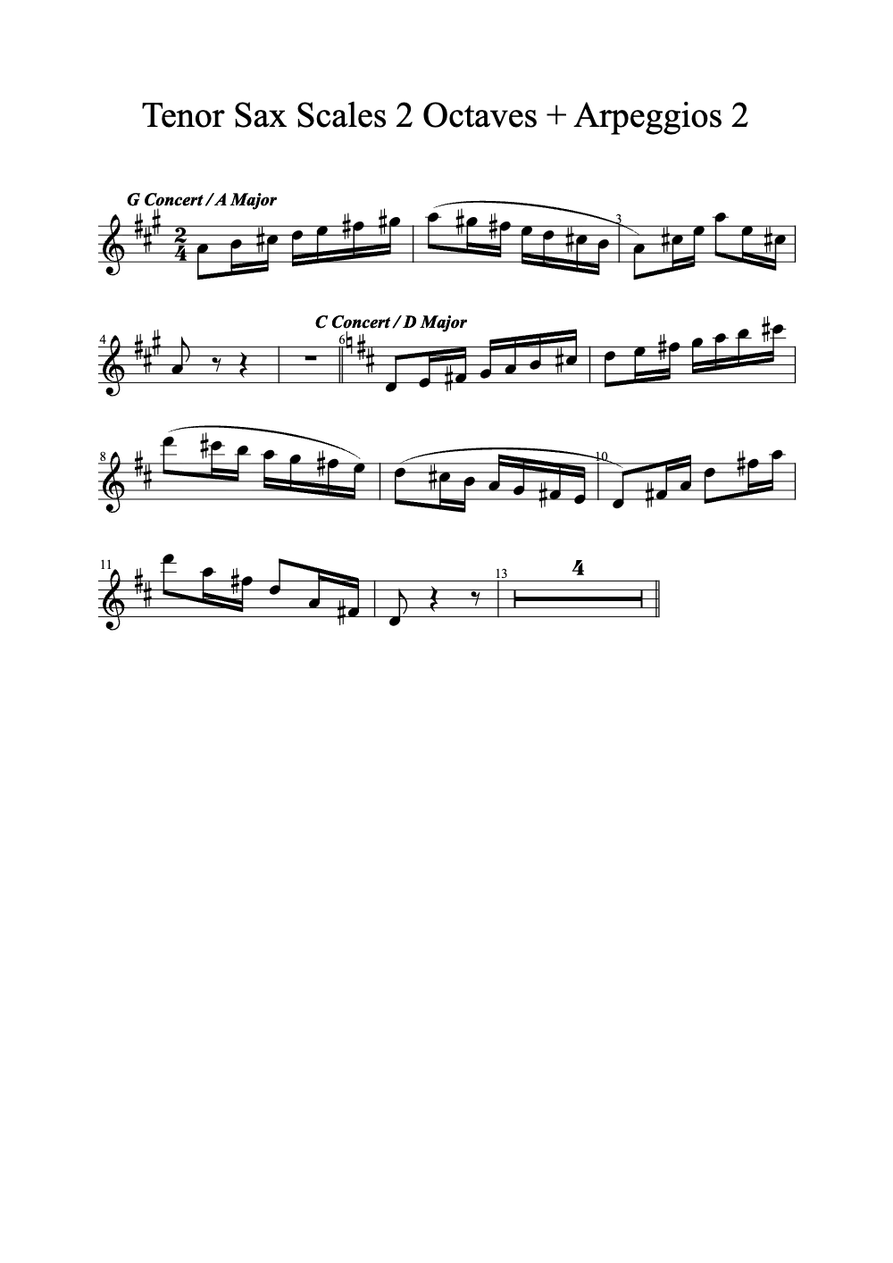 Sheet music preview for Tenor Sax Scales 2 Octaves + Arpeggios 2
