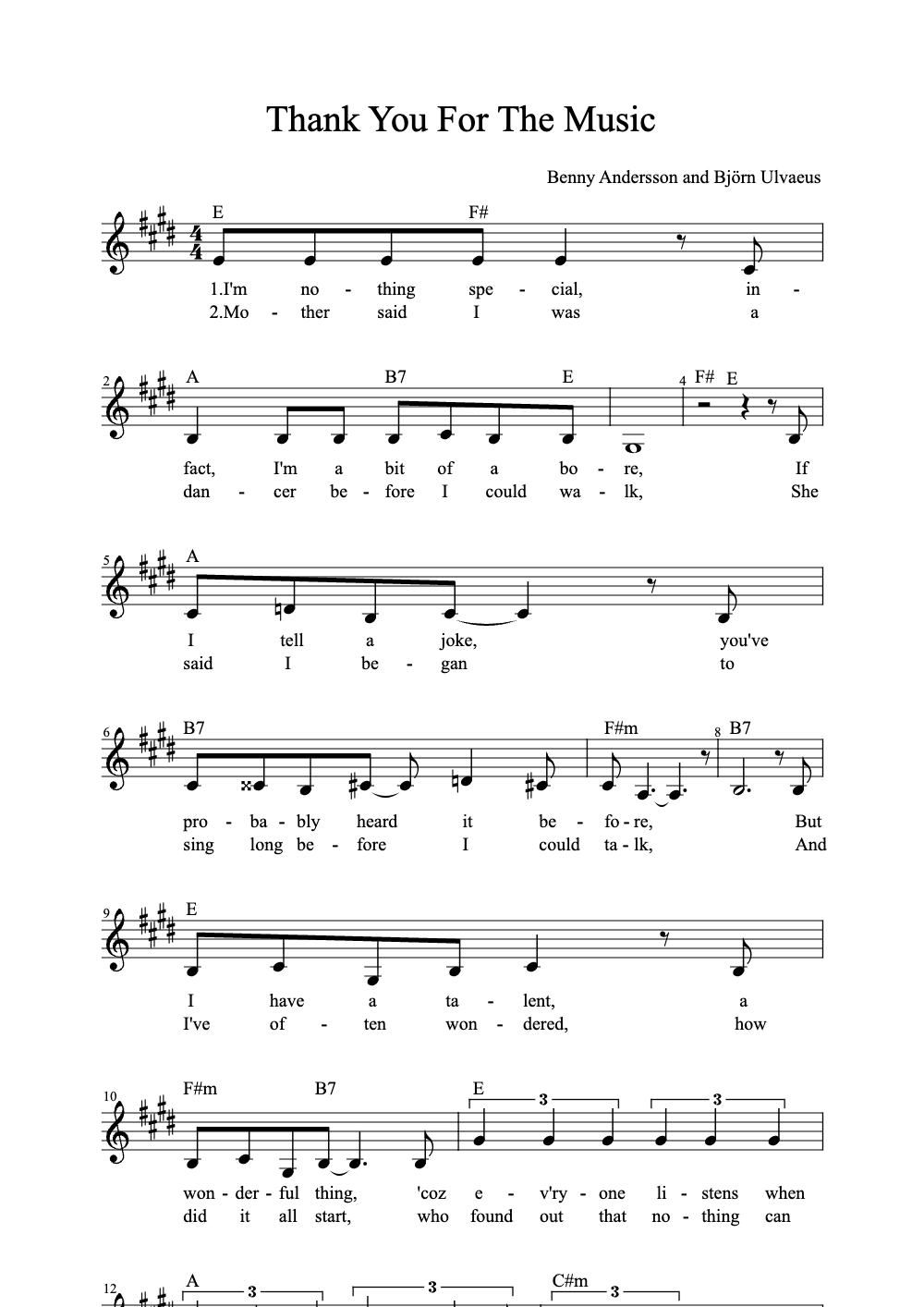 Sheet music preview for Thank You for the Music