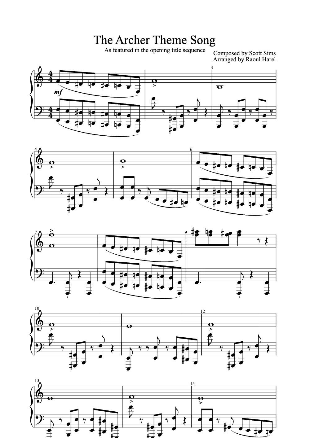 Sheet music preview for The Archer Theme Song