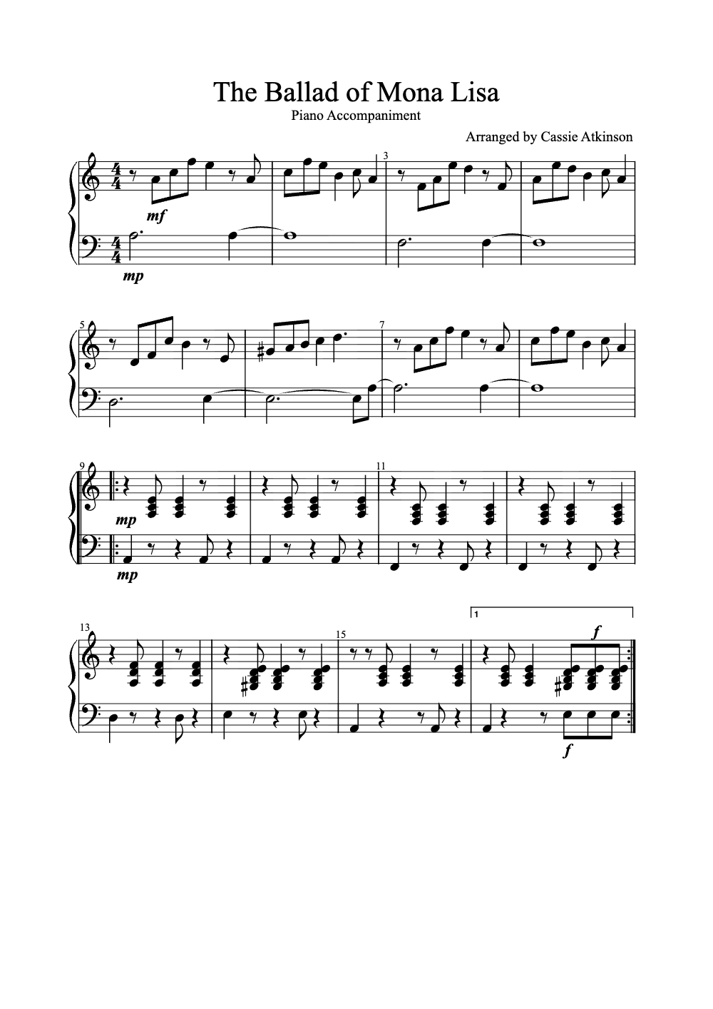 Sheet music preview for The Ballad of Mona Lisa
