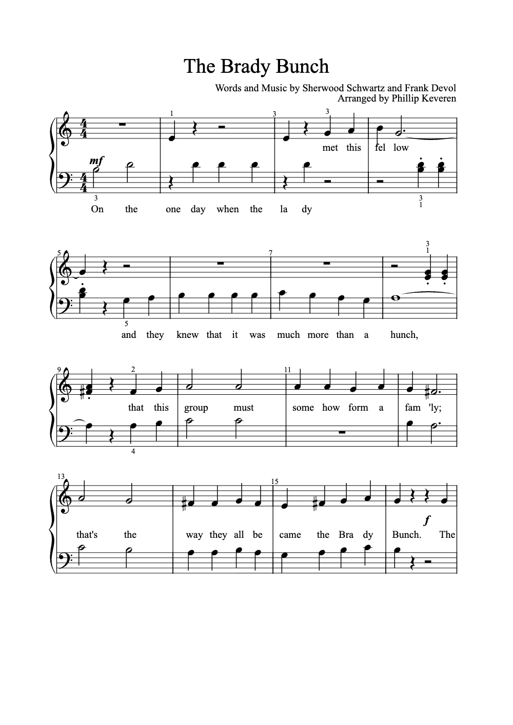 Sheet music preview for The Brady Bunch