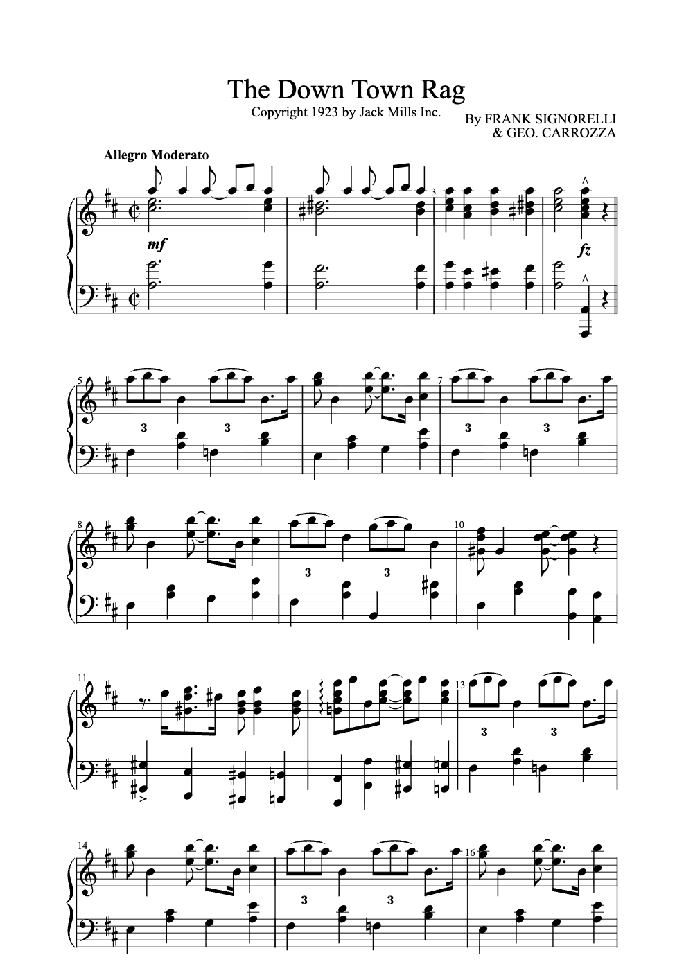 Sheet music preview for The Down Town Rag