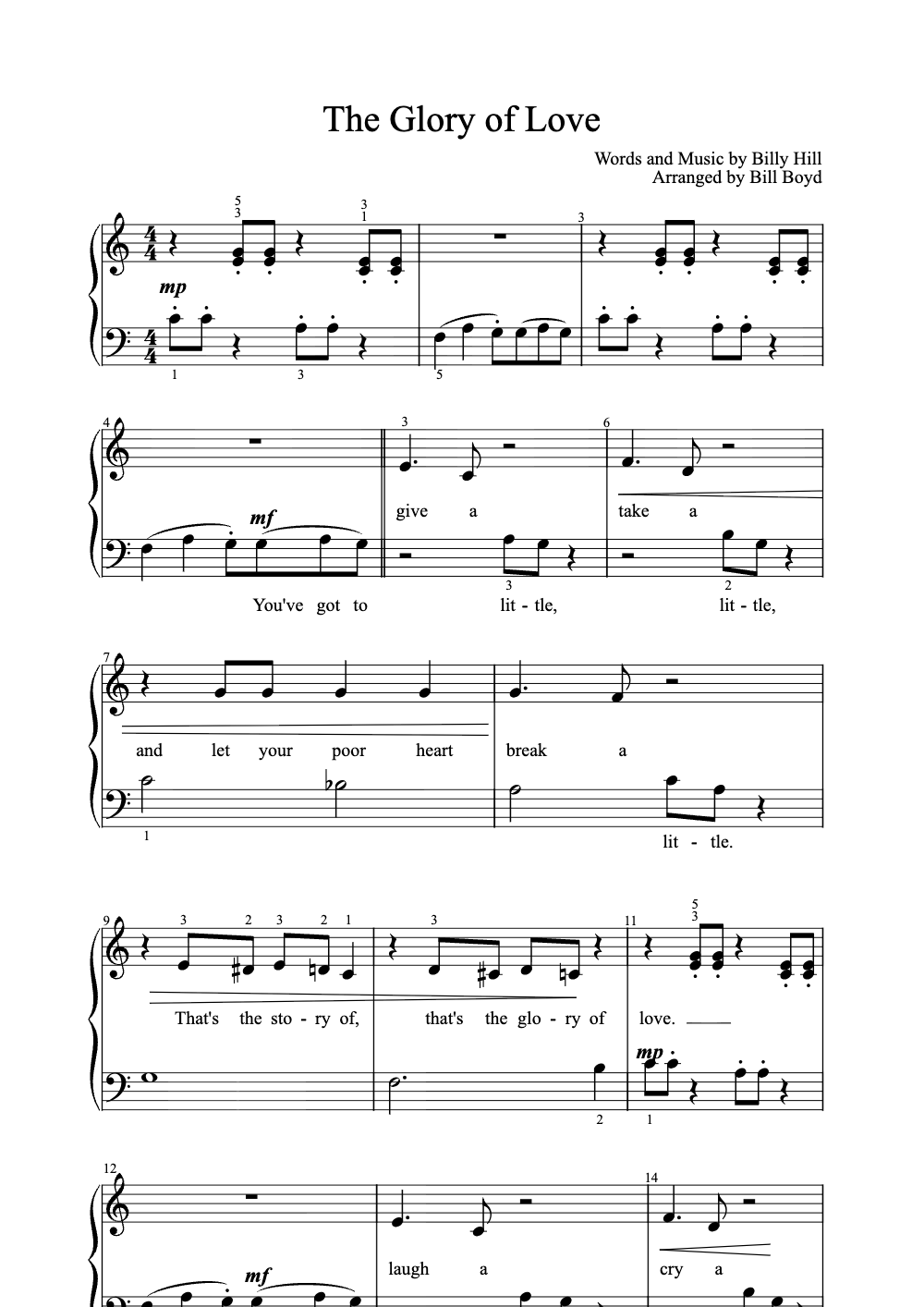 Sheet music preview for The Glory of Love