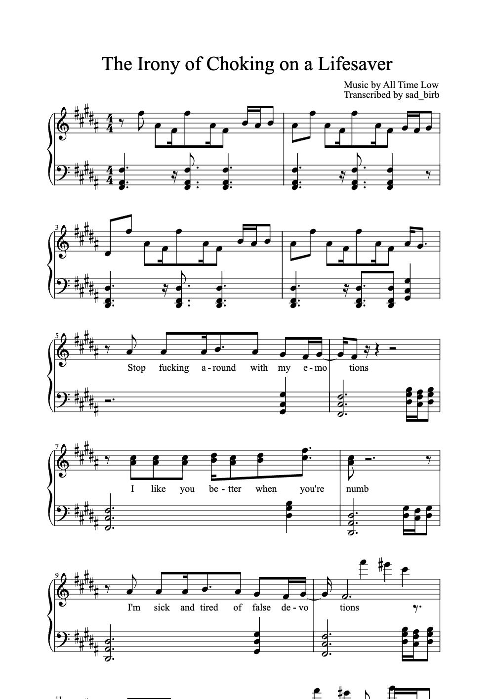 Sheet music preview for The Irony of Choking on a Lifesaver