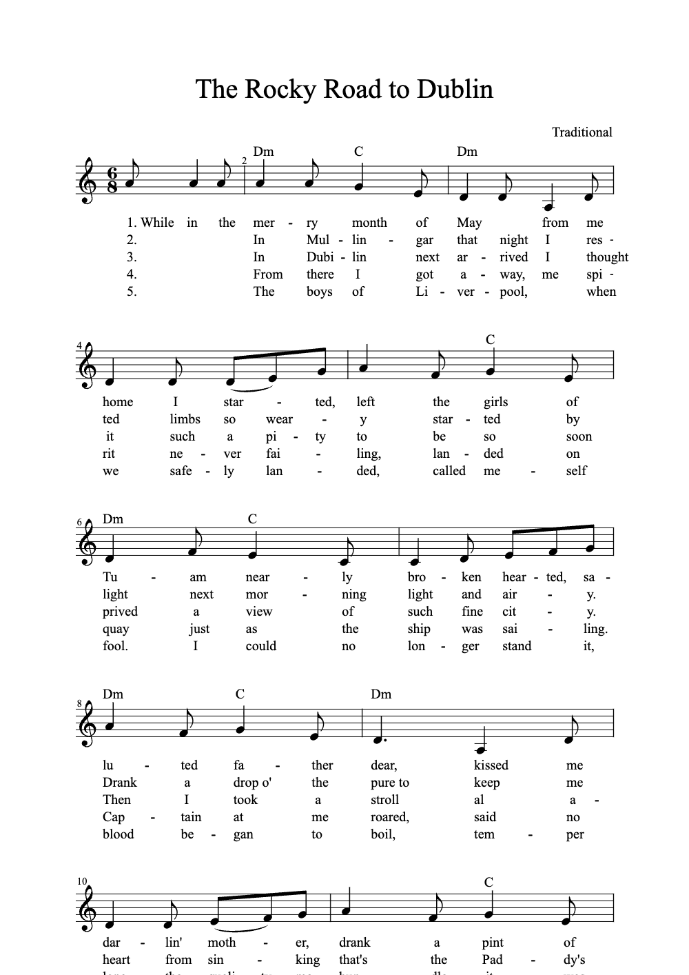 Sheet music preview for The Rocky Road to Dublin
