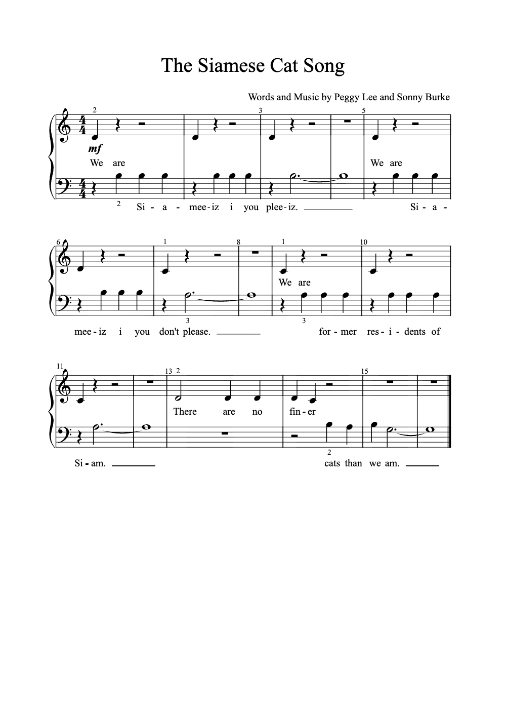 Sheet music preview for The Siamese Cat Song