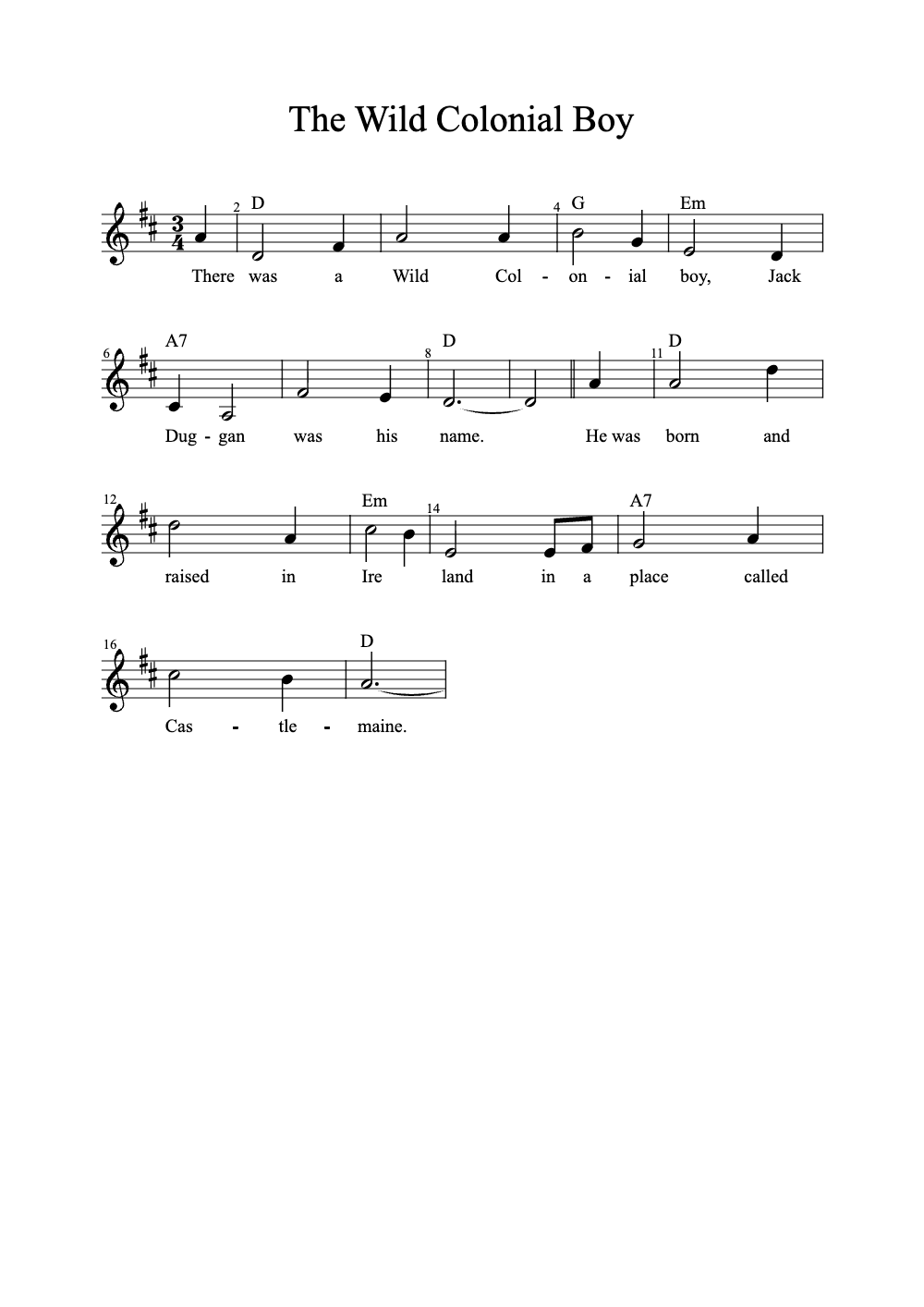 Sheet music preview for The Wild Colonial Boy