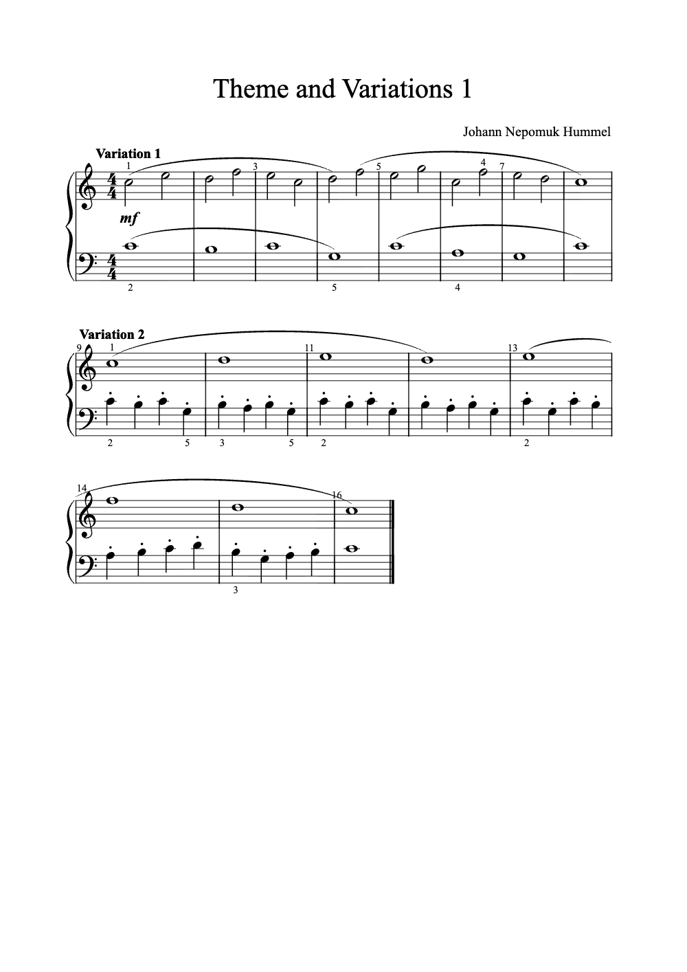 Sheet music preview for Theme and Variations 1