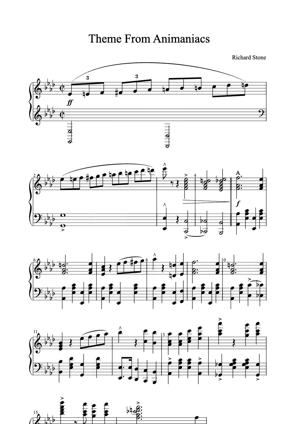 Sheet music preview for Theme from Animaniacs