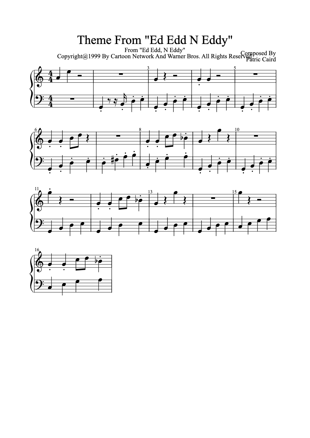 Sheet music preview for Theme from Ed Edd n Eddy