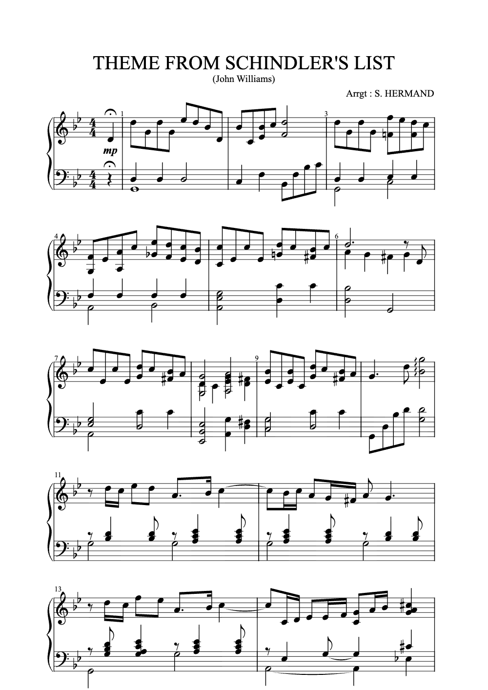 Sheet music preview for Theme from Schindler's List