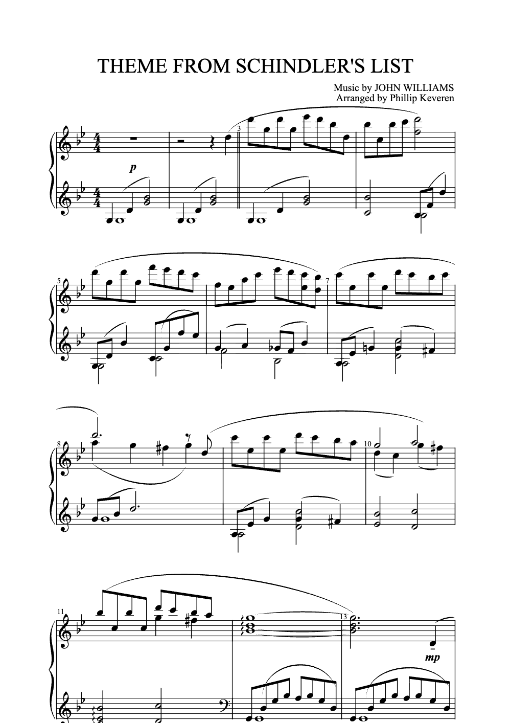Sheet music preview for Theme from Schindler's List